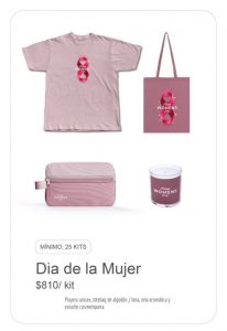 Regalo corporativo dia de la mujer, playera rosa, bolsa totebag, cosmetiquera y vela